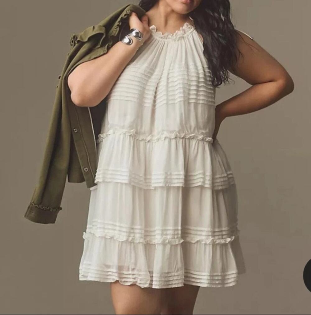 Anthropologie Let Me Be 1X-Large Halter Mini Dress Tiered Tie Shoulder Ruffled